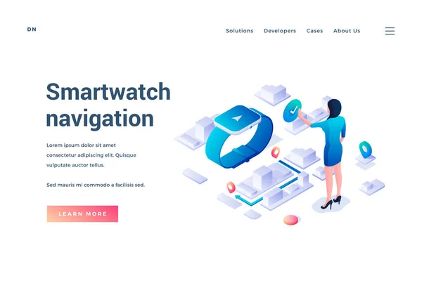 Navegación inteligente. Plantilla de landing page. Mujer utiliza aplicación de navegación de mapas en smartwatches. Ilustración isométrica vectorial — Vector de stock