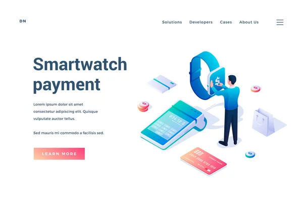 Smartwatch-Bezahlung. Landing page template. Der Mensch zahlt Drähte. Digitale Transaktionen Vorlage für Web-Banner — Stockvektor