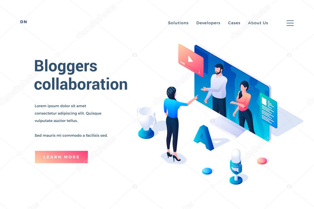 Bloggers collaboration. Isometric web banner. Creating vlog content. Live streaming podcast. Vector illustration