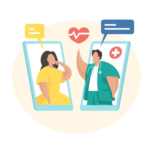 Consulenza medica online. Cardiologo maschile che comunica con la paziente femminile utilizzando l'applicazione mobile. Illustrazione vettoriale piatto — Vettoriale Stock