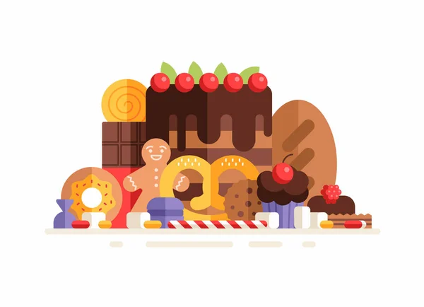 Groep van snoep, gebak en zoetwaren. Taart, brood, donuts, koekjes, chocolade, snoep, lolly 's geïsoleerd op witte achtergrond — Stockvector