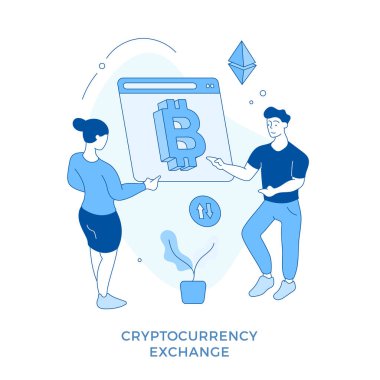 Doğrusal düz kripto para değişimi konsepti. Sanal para transferi. Düz vektör illüstrasyonu