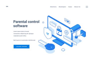 Beyaz arka planda ebeveyn kontrol yazılımı için mavi izleme elemanları ve bilgisayarı temsil eden web sitesinin vektör şablonu. Isometric web pankartı, iniş sayfası şablonu
