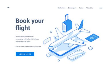 Cep telefonu ve uçak simgeleriyle dolu çağdaş web sitesi taşıyıcı pankartı ve rezervasyon uçuşları hakkında bilgi sunan turistik öğeler. Isometric web pankartı, iniş sayfası şablonu