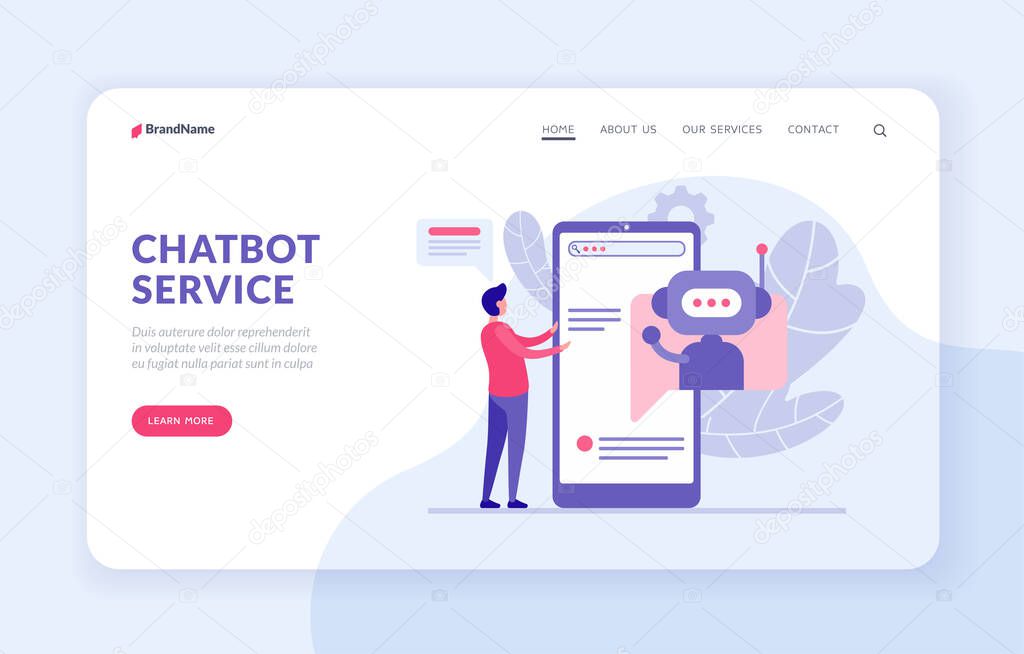 Chatbot service landing page template with flat vector illustration. Chatbot assistants to buyer. Bot application concept. Male character comunicate with artificial Intelligence program in smartphone