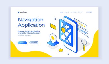 Navigasyon uygulaması. Isometric web pankartı. Küresel konumlandırma sistemi için akıllı telefon uygulaması