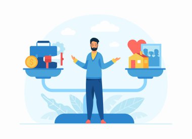 Yaşam dengesi konsepti düz vektör çizimi. Kariyer ve aile terazilerinde