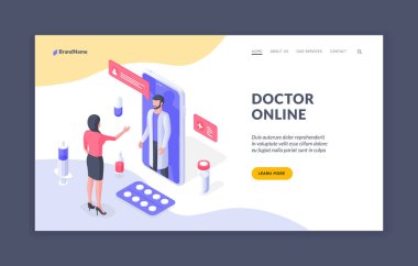 Tıbbi online servisi destekleyen Isometric web sayfası tasarımı