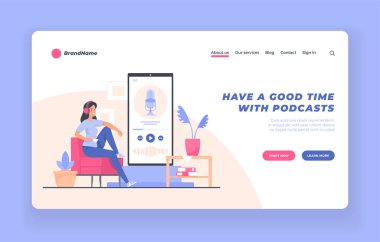 Podcast konsept iniş sayfası veya poster şablonu. Kadın çizgi film karakteri ses podcast 'ini dinliyor