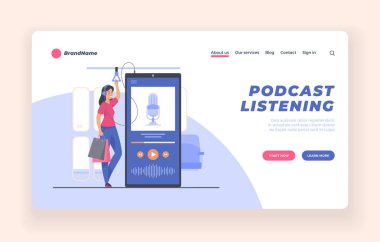 Podcast mobil uygulama reklam iniş sayfası veya poster şablonu. Toplu taşımada podcast dinleyen kadın