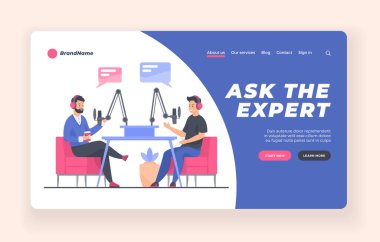 Radyoda, bir misafirle röportaj. İniş sayfası veya poster şablonu. Blogger podcasters yayın konsepti
