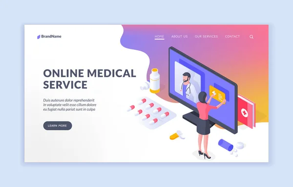 Página web con promoción del servicio médico en línea en Internet — Vector de stock