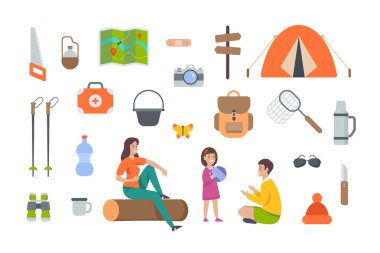 Beyaz arka planda turizm ekipmanları ve yürüyüş aksesuarları