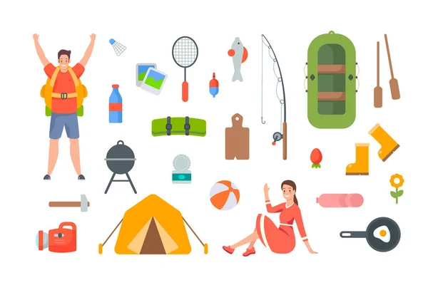 Kamp ve yürüyüş unsurları. Açık hava macerası için turizm ekipmanları ve seyahat aksesuarları — Stok Vektör