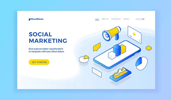 Trojrozměrné modré ikony v designu webových stránek o sociálním marketingu — Stockový vektor