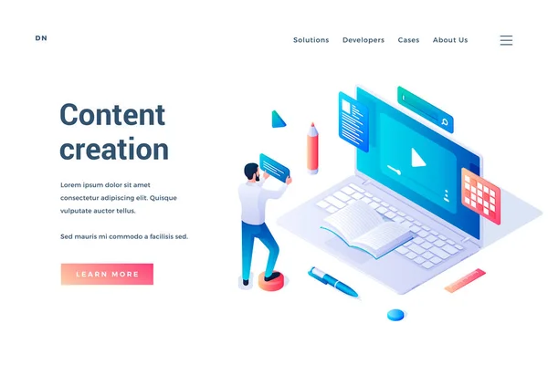 Content creatie. Isometrische vector web banner. Copywriting en content marketing. Bloggen, artikelschrijven — Stockvector