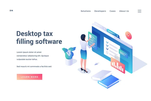 Desktop-Steuerfüllsoftware. Isometrische Landing-Vorlage. Frau füllt Steuerformular online aus. Web-Banner — Stockvektor