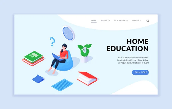Isometric female student in promotion of website about home education — Stock Vector