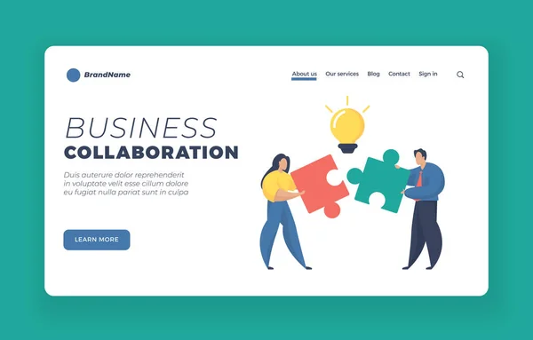 ビジネスコラボレーションWebバナーテンプレート。パズルの要素をつなぐ人々 — ストックベクタ