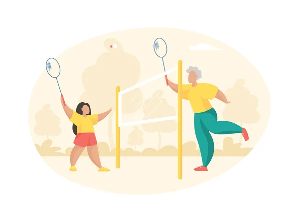 Yaşlı kadın küçük kızla badminton oynuyor. — Stok Vektör