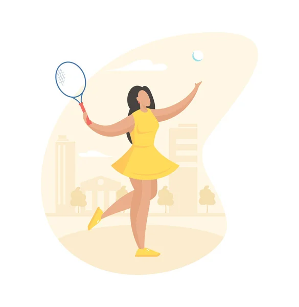 Attraktive Mädchen spielt Tennis auf dem Platz. Sportliche junge Frau im gelben Kleid schwingt Schlägerschlagball — Stockvektor