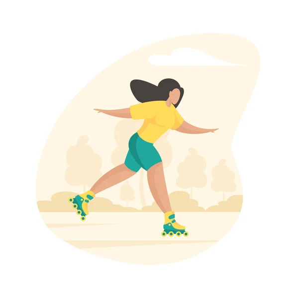Σπορτίβο κορίτσι rollerblading. Νεαρή γυναίκα τρέχει χαρούμενα μέσα από τα πατίνια των καλοκαιρινών πάρκων — Διανυσματικό Αρχείο