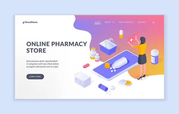 Diseño del sitio web con aplicación de farmacia en línea en fondo blanco — Archivo Imágenes Vectoriales