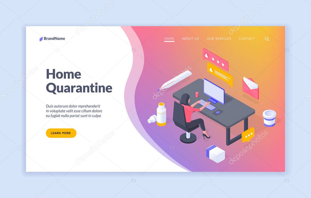 Web banner with person working remotely being in quarantine