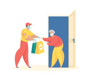 Yaşlılar için sosyal servis. Üniformalı ve maskeli kurye paketleri, ilaçları ve yiyecekleri yaşlı kadını tecrit etmek için teslim ediyor.
