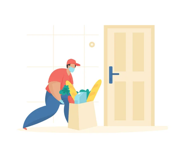 Entrega de productos clientes apartamento. Hombre personaje en la máscara pone bolsa de comida cerca de la puerta — Vector de stock