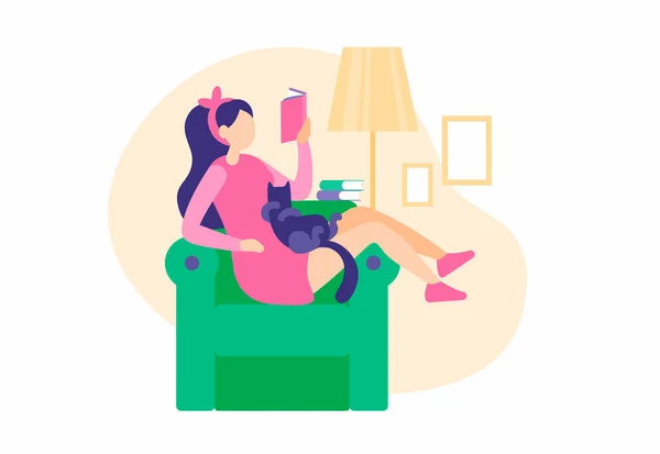 Una chica descansando en casa leyendo un libro. Mujer vestida de rosa sentada cómodamente en un sillón hojeando la novela — Archivo Imágenes Vectoriales