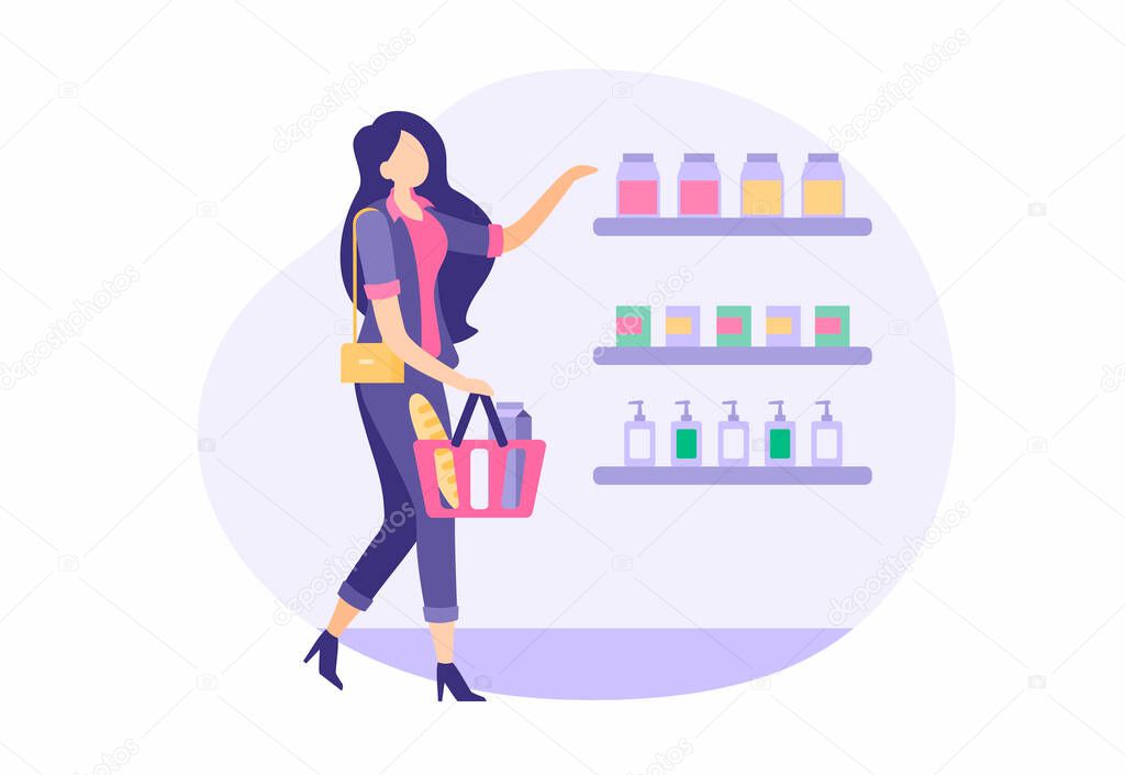 Beautiful girl buying in store. Woman in stylish suit with basket chooses and buys groceries supermarket