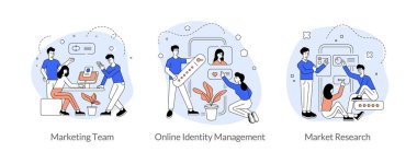 Pazarlama takım çalışması düz doğrusal vektör çizimi seti. Pazarlama ekibi, çevrimiçi kimlik yönetimi, piyasa araştırması. Sosyal medya uygulaması geliştirme. Çevrimiçi mağaza uygulaması