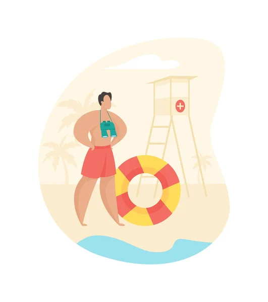 Servicio de rescate en la playa. Personaje masculino con prismáticos y relojes salvavidas playa — Vector de stock