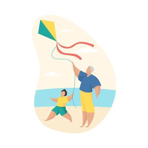 Drachenstart am Strand. Älterer Mann hält mit seinem Enkel fröhlich Papiergleiter am Seil — Stockvektor