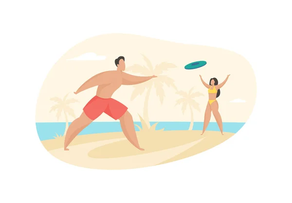 Beach frisbee. Kerl wirft grüne Plastikscheibe auf Mädchen — Stockvektor
