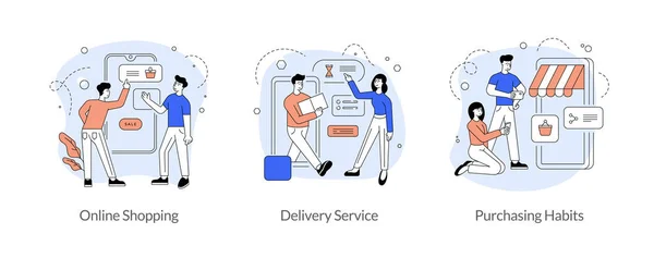 상업 및 무역 인터넷 플랫 선형 벡터 일러스트 세트. 온라인 쇼핑, 배달 서비스, 구매 습관 — 스톡 벡터