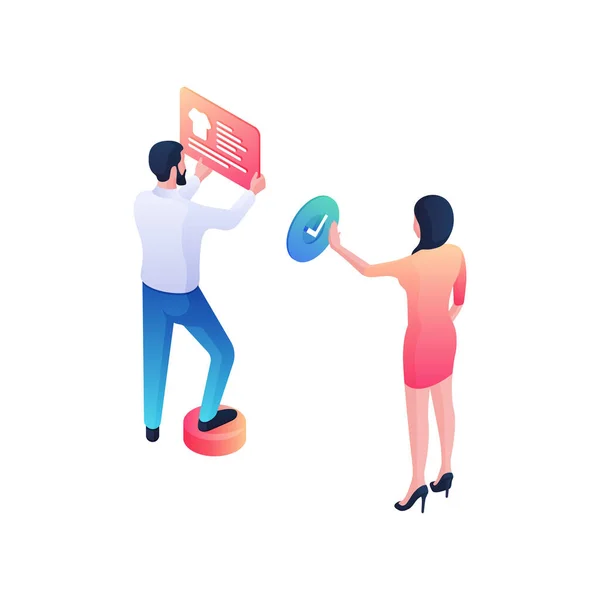 Placing and buying goods online isometric illustration. Male character is posting red clothing advertisement. — Stock Vector
