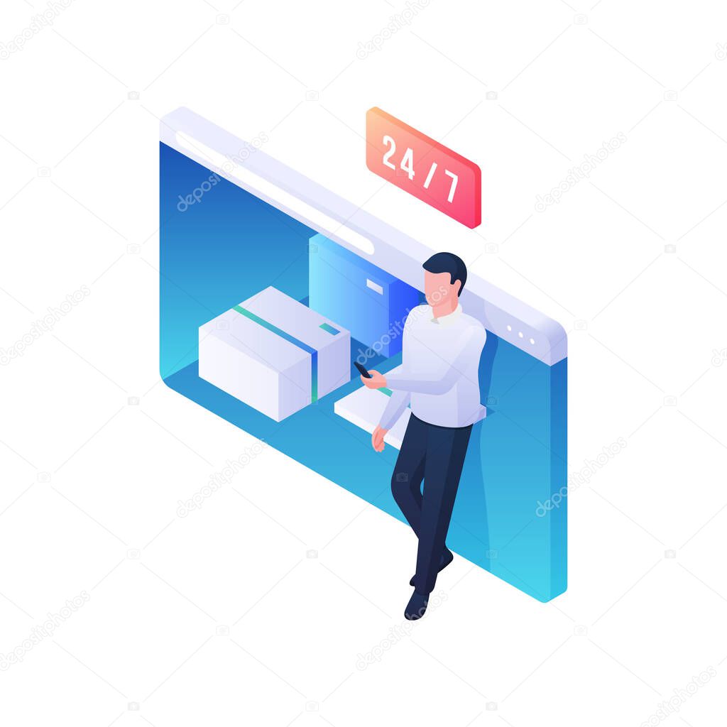 24 hour online mail service isometric illustration. Male character checks ordered parcels in mobile web application.