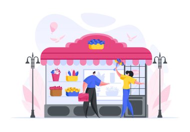 Karikatür çiçekçisi insanlara çiçek satar.