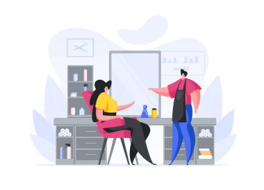 Çizgi film kuaförü ve bayan müşteri kuaförde.