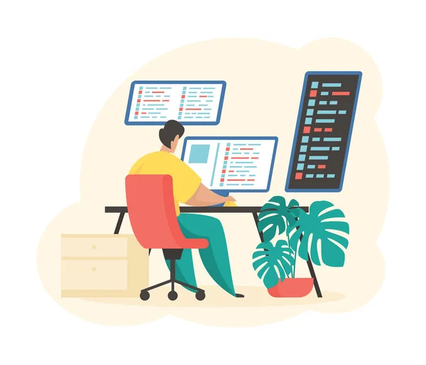 Programmer at work. Male character writes software for computer — Stock Vector