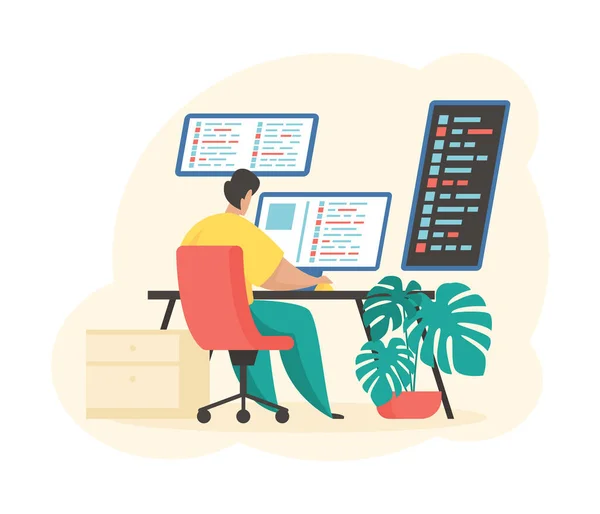 Programador en el trabajo. Hombre personaje escribe software para ordenador — Vector de stock