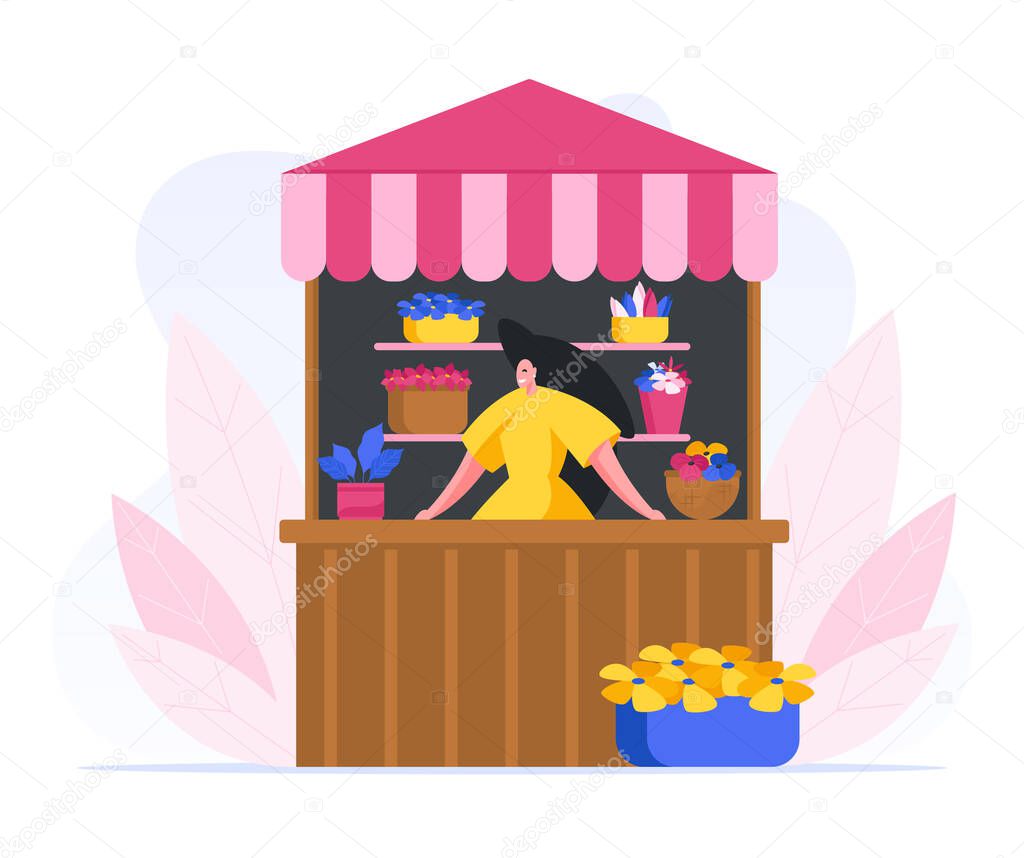Cartoon female vendor at stall with flowers