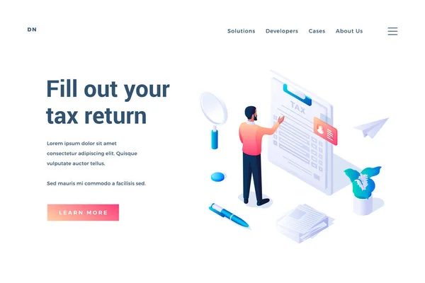 Заполните налоговую форму. Изометрический шаблон веб-баннера. Электронная служба налогообложения. Векторная иллюстрация — стоковый вектор