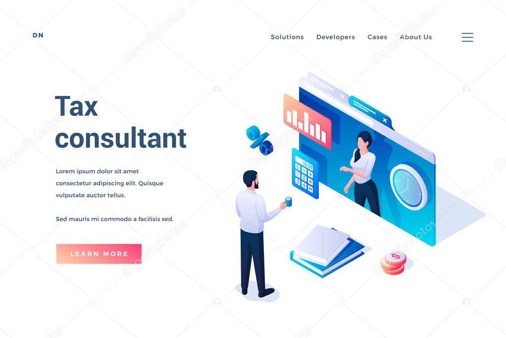 Tax consultant. Landing page template. Man communicating with female tax consultant online. Isometric vector illustration