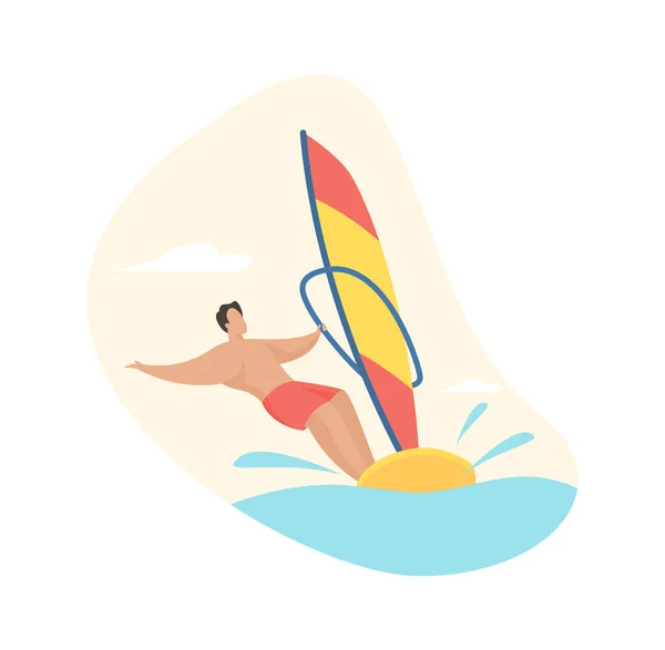 Ακραίο σέρφινγκ. Άνθρωπος με σορτς ορμά πάνω από κύματα σκάφους με πανί — Διανυσματικό Αρχείο