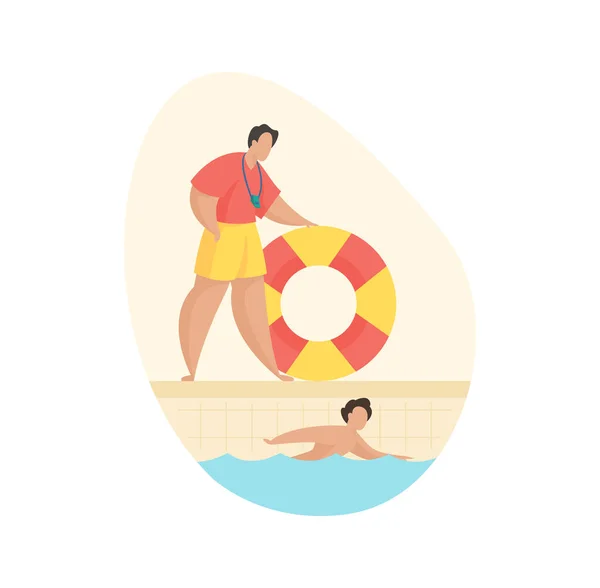 Rettungsdienstpool. Mann mit Rettungsring beobachtet Kind beim Schwimmen im Becken — Stockvektor