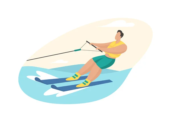 Atracción de esquí acuático. El hombre con chaleco salvavidas se precipita sobre las olas esquís sosteniendo el cable del barco — Vector de stock
