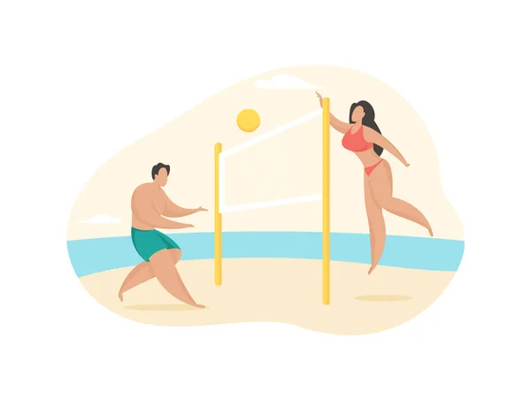 La gente juega voleibol playa. Descanso activo en la playa de arena — Vector de stock